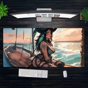 Anime Pirate Girl XXL Schreibtischmatte - Nautisches Gaming Mauspad mit Papagei & Schiff, Otaku Design für Schreibtisch oder Geschenk