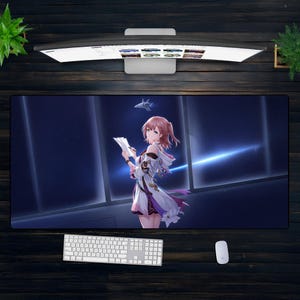 Tapis de bureau Space Anime Girl - Tapis de souris XXL avec vue fenêtre de science-fiction, tapis Otaku galactique confortable, tapis de configuration Gamer pastel, décoration anime esthétique