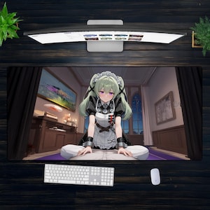 アニメメイドガールXXLマウスパッド - 緑髪のワイフのキュートなデスクマット、居心地の良い夜の部屋の装飾、特大のオタクセットアップ、ソフトな日常生活スタイル