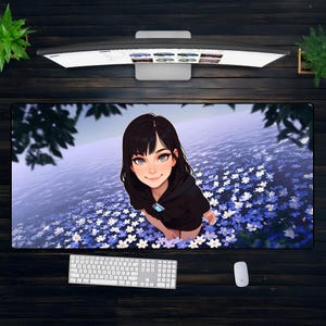 かわいいアニメガールXXLマウスパッド - 花柄デスクマット、美しいオタクインテリア、ソフトパステルゲーミングマット、居心地の良いデスクセットアップのためのかわいいギフト