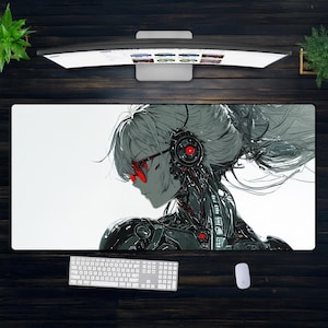 May include: A white and grey anime-style illustration of a woman with long hair wearing red sunglasses and a headset. The background is white.
