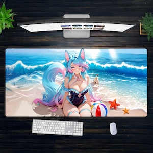 かわいいフォックスガールビーチXXLマウスパッド、アニメ水着デスクマット、かわいいワイフゲーミングパッド、特大サマーVtuberゲーマーガールセットアップマット