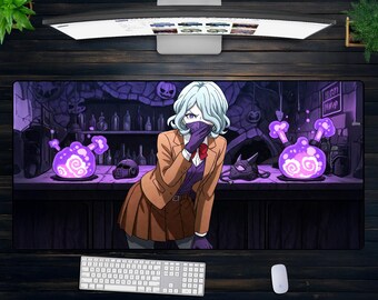 Alfombrilla de escritorio de anime Potion Lab: XXL, con diseño de bruja mágica, para gamers de alquimia, decoración morada de Halloween y estética de escritorio de fantasía otaku.