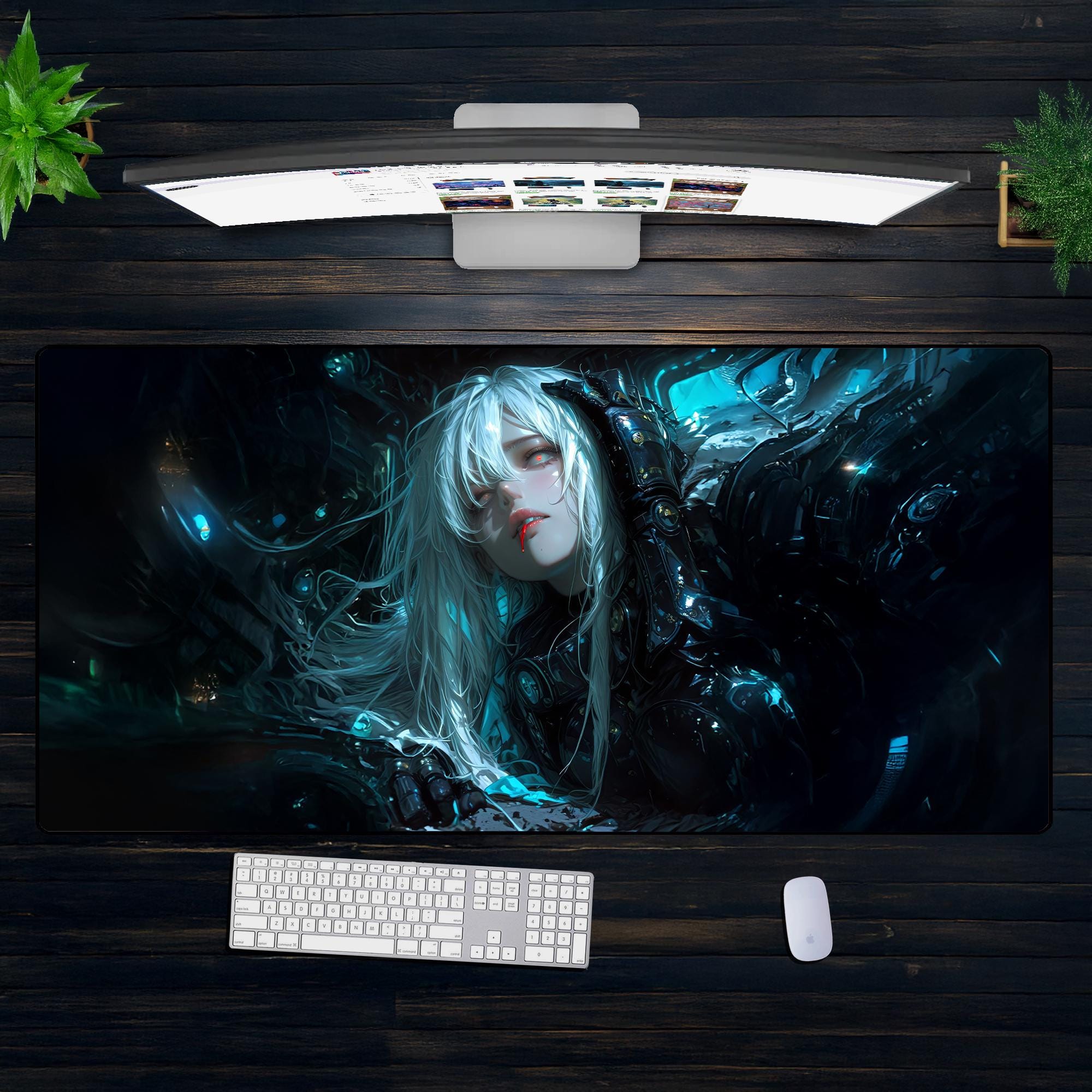 Cyber Mecha Girl XXL Mouse Pad – Futuristic Anime Desk Mat, White Hair Sci-Fi Waifu Pad, Dark Tech Gaming Setup, Extended Otaku Mat