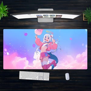かわいい天使のアニメマウスパッド - XXLパステルデスクマット、かわいいオタクガールの装飾、ピンクブルーのゲーマーパッド、綿菓子スカイマット、ソフトセットアップギフト