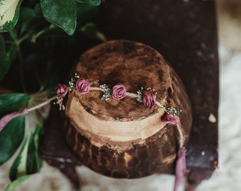 Magenta rolled flower tie back headband