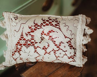 SALE!  Terra cotta and vintage lace photography pillow