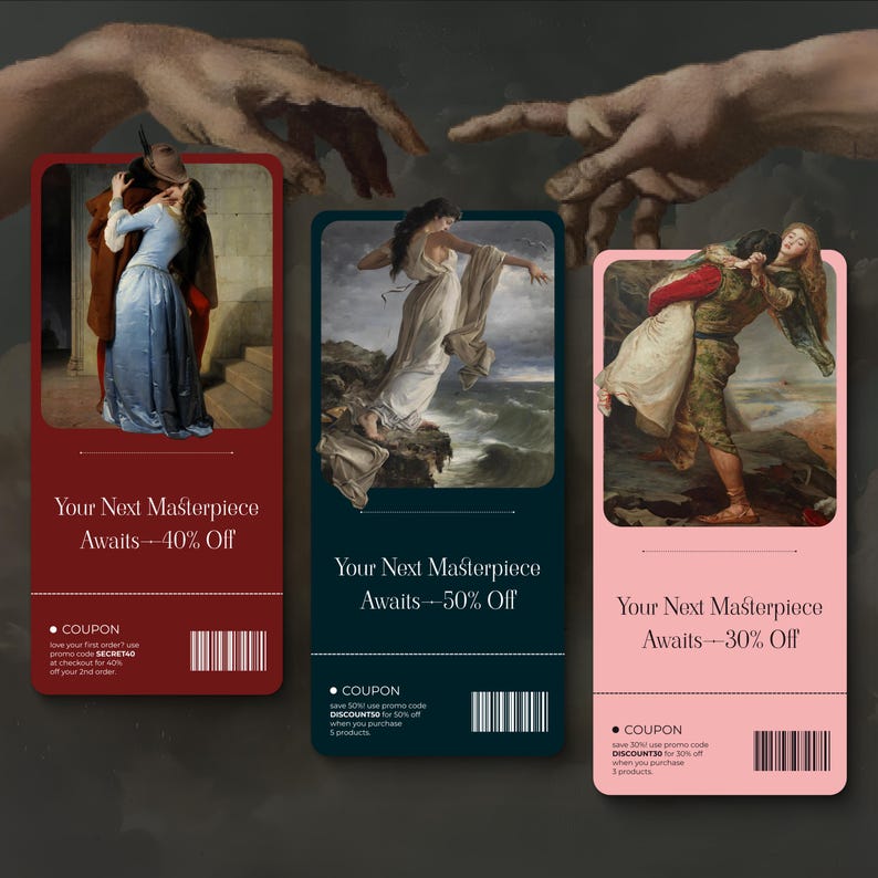 May include: Three rectangular cards with classical art images and text. The cards are red, dark teal, and pink, each with a different painting. Text on each card reads "Your Next Masterpiece Awaits" followed by a percentage off. Each card has a coupon code.