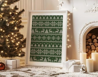 May include: A framed print with a green and white Nordic Christmas pattern featuring reindeer, trees, and snowflakes. The print is displayed near a decorated Christmas tree and a fireplace with lit candles, creating a festive holiday scene.
