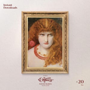 May include: A framed painting of a woman with long, red hair. She is wearing a red necklace with gold accents and a single red rose is tucked behind her ear. The painting is in a gold frame with ornate details.
