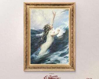 Vintage Mermaid Art Print Fantasy Wall Decor Ocean Mythology Mystical Woman Poster Coastal Bedroom Nautical Decor Digital Download