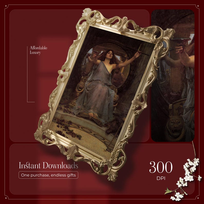 May include: Ornate gold-colored picture frame with a classical painting of a woman holding a sword. The frame has intricate scrollwork and a vintage aesthetic. Text on the image reads "Affordable Luxury" and "Instant Downloads".
