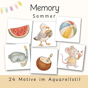 Op de afbeelding: Een memoryspel getiteld Memory Sommer met 24 aquarelillustraties van zomerse voorwerpen, waaronder een watermeloen, een meeuw met een broodje, een strandbal, een duikbril, een kokosnoot met een rietje en een muis met een ijsje.
