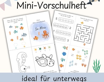 Mini cuaderno de ejercicios para preescolar: Animales marinos | Juego de aprendizaje | Actividad de viaje | Números, emparejar, imágenes de sombras | Cuaderno de ejercicios para jardín de infantes | Descargar PDF