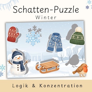 Könnte beinhalten: Ein winterliches Schatten-Puzzle-Arbeitsblatt mit Illustrationen eines roten Fäustlings, einer blauen Schneeflocke, eines blauen Schals, einer grünen Mütze, eines Schneemanns, eines Holzschlittens und eines Rotkehlchens, mit dem Text Schatten-Puzzle Winter.