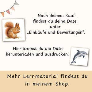 May include: A digital download graphic with text in German, featuring a squirrel and a dolphin illustration. The text provides instructions on how to download and print the file after purchase, and where to find more learning materials.