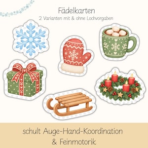Pu&ograve; includere: Un set di sei cartoncini fustellati con illustrazioni invernali e natalizie, tra cui un fiocco di neve blu, una muffola rossa, una tazza verde con marshmallow, un regalo, una slitta in legno e una corona dell'Avvento con testo.