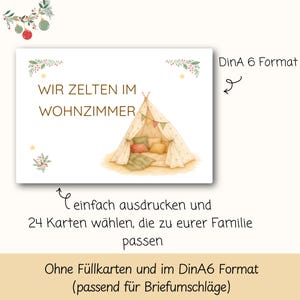 Puede incluir: Una tarjeta rectangular en formato DinA6 con una ilustraci&oacute;n en acuarela de una tienda tipi con cojines y banderines. El texto dice WIR ZELTEN IM WOHNZIMMER. Follaje decorativo y peque&ntilde;as estrellas enmarcan las esquinas de la tarjeta.