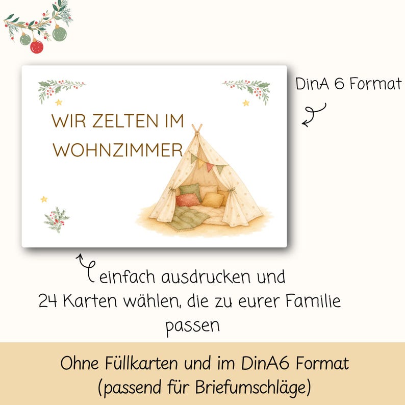 Puede incluir: Una tarjeta rectangular en formato DinA6 con una ilustraci&oacute;n en acuarela de una tienda tipi con cojines y banderines. El texto dice WIR ZELTEN IM WOHNZIMMER. Follaje decorativo y peque&ntilde;as estrellas enmarcan las esquinas de la tarjeta.
