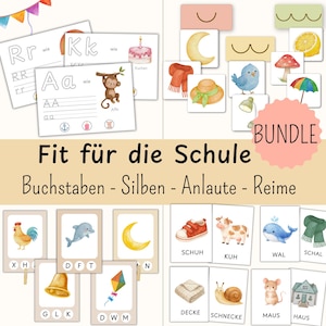 Könnte beinhalten: Eine Sammlung von Lernkarten und Arbeitsblättern mit Aquarellillustrationen von Tieren, Objekten und Buchstaben. Der Text umfasst 'Fit für die Schule', 'Buchstaben', 'Silben', 'Anlaute', 'Reime', 'BUNDLE', 'SCHUH', 'KUH', 'WAL', 'SCHAL', 'DECKE', 'SCHNECKE', 'MAUS' und 'HAUS'.