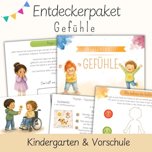 May include: A collection of educational activity sheets titled Entdeckerpaket Gefühle, featuring watercolor illustrations of children expressing various emotions, text in German, and interactive tasks for children in kindergarten and preschool.