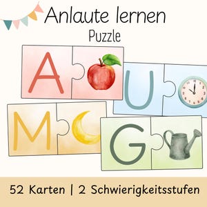 Könnte beinhalten: Lernpuzzle-Karten mit dem Text Anlaute lernen Puzzle und 52 Karten 2 Schwierigkeitsstufen. Die Karten zeigen die Buchstaben A, U, M und G, kombiniert mit Illustrationen eines Apfels, einer Uhr, einer Mondsichel und einer Gießkanne.