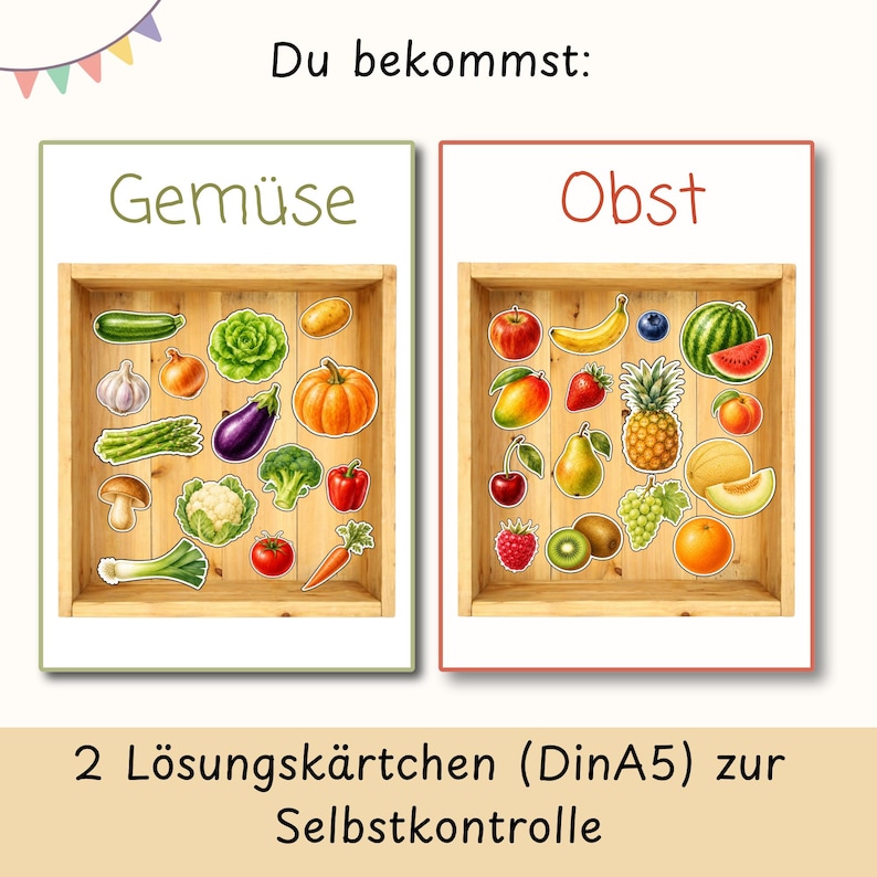 May include: Two educational cards labeled Du bekommst, Gemuse, and Obst. One card shows illustrations of vegetables in a wooden crate, the other shows fruits. Below, the text reads 2 Losungskartchen (DinA5) zur Selbstkontrolle. The cards are white.