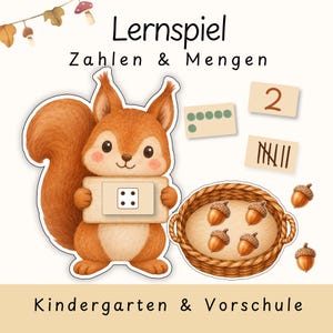 Könnte beinhalten: Ein Lernspiel mit dem Titel Lernspiel Zahlen & Mengen, das ein braunes Eichhörnchen zeigt, das einen Holzblock mit vier Punkten hält, einen geflochtenen Korb mit vier Eicheln, zwei einzelne Eicheln sowie Karten mit der Zahl zwei und Strichlisten.