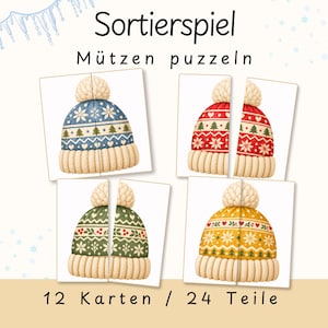 Könnte beinhalten: Ein Sortierspiel mit dem Titel Sortierspiel Mützen puzzeln, bestehend aus 12 Karten und 24 Teilen. Die Karten zeigen Illustrationen von Strickmützen in Blau, Rot, Grün und Gelb, jeweils mit weißem Bommel, Rippbündchen und festlichen Mustern.