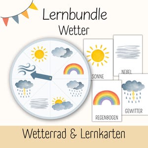 May include: A weather learning bundle featuring a circular wheel with a blue pointer and six weather icons including sun, clouds, rain, and rainbow. Three rectangular flashcards display the words Sonne, Nebel, Regenbogen, and Gewitter.