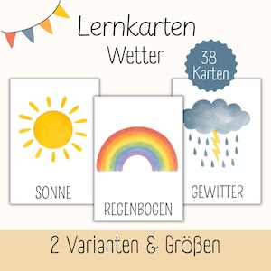 Puede incluir: Un conjunto de tarjetas educativas sobre el clima con ilustraciones en acuarela de un sol amarillo, un arcoíris colorido y una nube de tormenta gris con lluvia y rayos. Las tarjetas incluyen el texto en alemán Sonne, Regenbogen y Gewitter, una insignia azul que indica 38 Karten y el texto 2 Varianten & Größen.