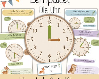 Lernpaket Uhr | Uhrzeit lernen | Lernspiel Lernheft Uhrzeit erkennen | Vorschule Material | Kindergarten Grundschule Arbeitsblätter| PDF