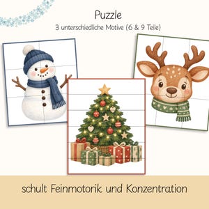 Pu&ograve; includere: Tre puzzle quadrati con illustrazioni natalizie: un pupazzo di neve con cappello e sciarpa blu, una renna con sciarpa verde e un albero di Natale decorato con regali. Il testo recita Puzzle, 3 unterschiedliche Motive (6 & 9 Teile), schult Feinmotorik und Konzentration.
