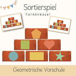 Könnte beinhalten: Ein Sortierspiel mit dem Titel Sortierspiel Formenmauer und Geometrische Vorschule, bestehend aus roten Ziegelsteinen mit verschiedenen farbigen Formen wie Kreis, Quadrat, Herz, Stern, Rechteck und Fünfeck sowie zwei Anleitungskarten.