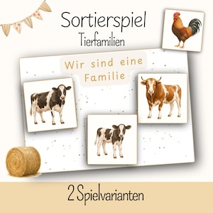 Op de afbeelding: Een educatief spel voor kinderen met illustraties van boerderijdieren. Het spel bevat afbeeldingen van een haan, koeien en een kalf, met Duitse tekst. Een decoratieve banner en een hooibaal zijn ook zichtbaar.