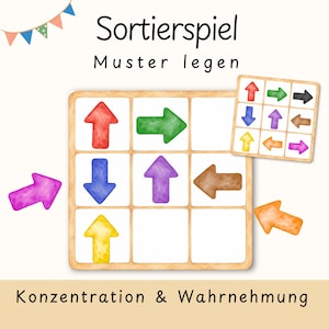 Könnte beinhalten: Ein hölzernes Sortierspiel-Gitterbrett mit dem Text Sortierspiel Muster legen und Konzentration & Wahrnehmung. Das Brett zeigt bunte Pfeile in Rot, Grün, Blau, Lila, Braun, Gelb, Pink und Orange sowie eine dazugehörige Vorlagekarte.