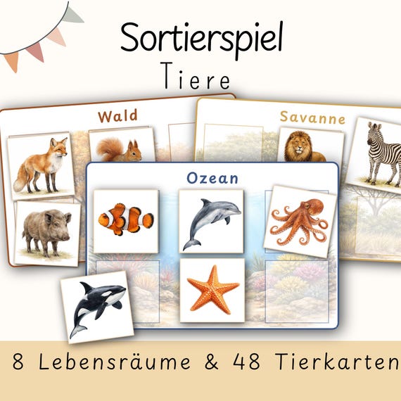 Tiere Sortierspiel | Legespiel Kindergarten Kita | Zuordnungsspiel Vorschule | Bildkarten Montessori Material | DIY PDF druckbar