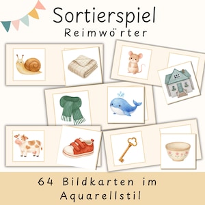 Könnte beinhalten: Ein Set illustrierter Karten mit Aquarellbildern einer Schnecke, einer Decke, einer Maus, einem Haus, einem Schal, einem Wal, einer Kuh, einem Schuh, einem Schlüssel und einer Schüssel. Der Text oben lautet "Sortierspiel Reimwörter", unten "64 Bildkarten im Aquarellstil".