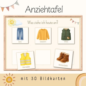 Könnte beinhalten: Ein rechteckiges Lernboard mit der Überschrift Anziehtafel und dem Text Was ziehe ich heute an? mit Illustrationen von blauen Jeans, einem gelben Sweatshirt, einer grünen Weste, einer gelben Warnweste und braunen Winterstiefeln mit 30 Bildkarten.