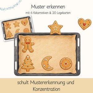 Pu&ograve; includere: Un set educativo di riconoscimento di motivi con teglia, carta da forno, biscotti a forma di omino, albero, luna, stella e cerchio, e 20 carte. Testo: Muster erkennen, mit 6 Keksmotiven & 20 Legekarten, schult Mustererkennung und Konzentration.