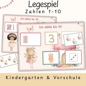 Könnte beinhalten: Lernspielkarten zum Zählen von 1 bis 10, mit Illustrationen von Feen, Schmetterlingen und Bienen. Die Karten tragen den Text "Ich zähle bis 10" und "Kindergarten & Vorschule" auf rosa Hintergrund.
