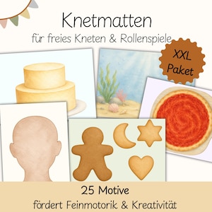 Op de afbeelding: Een set kleimatten met diverse illustraties waaronder een tweelaagse taart, een onderwaterscène, een pizza, een leeg gezicht en koekvormen zoals een peperkoekmannetje, maan, ster en hart, met de tekst Knetmatten.