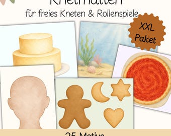 Knetmatten Freispiel Rollenspiel Montessori | Knetvorlagen Emotionen, Kochen, Backen, Dino | Sensorisches Spielzeug | DIY Spiel druckbar PDF