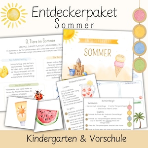 Könnte beinhalten: Eine Sammlung von pädagogischen Arbeitsblättern mit dem Titel Entdeckerpaket Sommer für Kindergarten und Vorschule, mit Aquarellillustrationen von Sonne, Eiscreme, Sandburg, Marienkäfer, Sonnencreme und Wassermelone sowie deutschem Text.