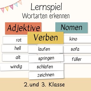 Spel för att lära sig ordklasser | Tyska grundskolan, årskurs 2-3 | Stavningsövning | Montessori-material för grundskolan | Hemundervisning | PDF