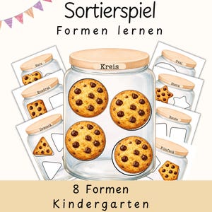 Puede incluir: Un juego educativo titulado Sortierspiel Formen lernen y 8 Formen Kindergarten con ilustraciones de frascos de vidrio con tapas de madera. Cada frasco muestra una forma específica, incluyendo galletas con forma de corazón, cuadrado, triángulo, círculo, óvalo, estrella, rombo y pentágono.