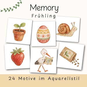 Könnte beinhalten: Ein Memory-Spiel mit dem Titel Memory Frühling, bestehend aus 24 Aquarell-Illustrationen auf quadratischen Karten. Zu sehen sind ein Keimling im Topf, ein gemustertes Osterei, eine Schnecke, eine Erdbeere, ein Storch mit Landkarte und eine Samentüte.
