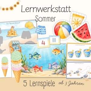 May include: Educational summer learning workshop set for children featuring watercolor illustrations of beach scenes, ice cream cones, fish, a beach ball, watermelon, and seagulls, with text reading Lernwerkstatt Sommer and 5 Lernspiele ab 3 Jahren.