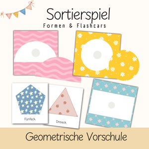 May include: A set of educational sorting cards featuring geometric shapes and patterns. The cards display a pink wavy square, a yellow daisy-patterned square, a blue star-patterned pentagon, a pink triangle, and a blue patterned rectangle with text.