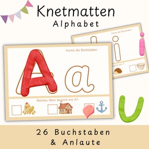 Könnte beinhalten: Lehrreiche Alphabet-Lernkarten mit den Worten "Knetmatten Alphabet" oben. Die Karten zeigen die Buchstaben A und I mit Illustrationen von Objekten, die mit diesen Buchstaben beginnen. Der Text "26 Buchstaben & Anlaute" steht unten.